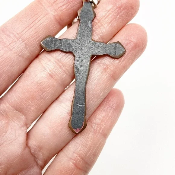 Purple ceramic cross pendant on beaded chain - Picture 7 of 8